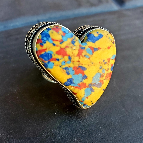 New Heart Shaped Mosaic Balloon Jasper 925 Silver Ring. - Picture 8 of 10
